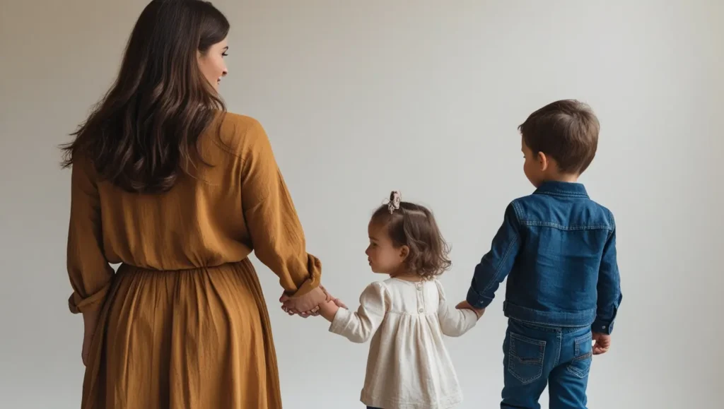 Norah avec ses deux enfants de dos.