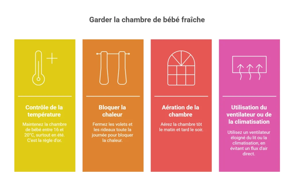 Infographie montrant des astuces pour garder la chambre d'un enfant/bébé fraiche en été.