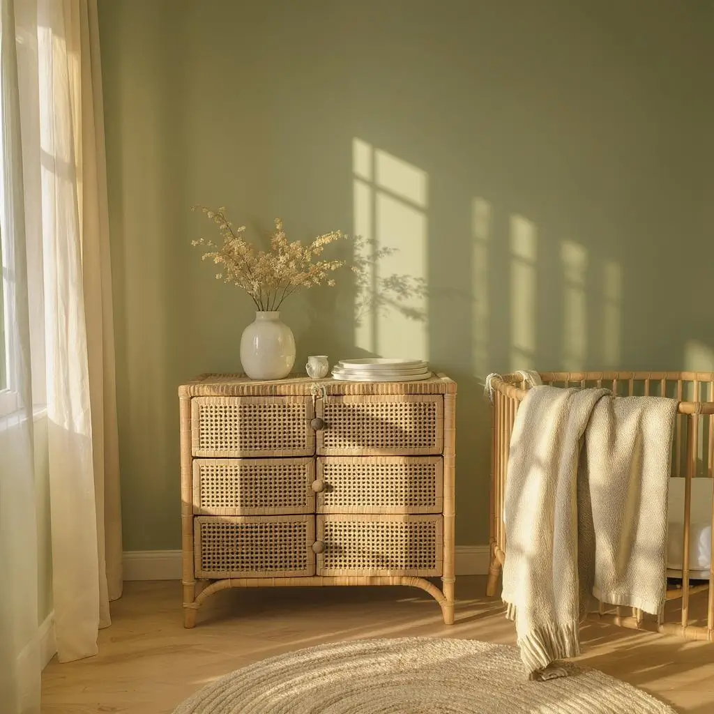 Une inspiration déco d'une chambre pour bébé, avec des meubles en rotins, un mut vert pâle et un berceau en bois.