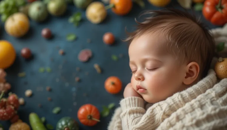 Bébé dormant paisiblement, alimentation saine, sommeil infantile.