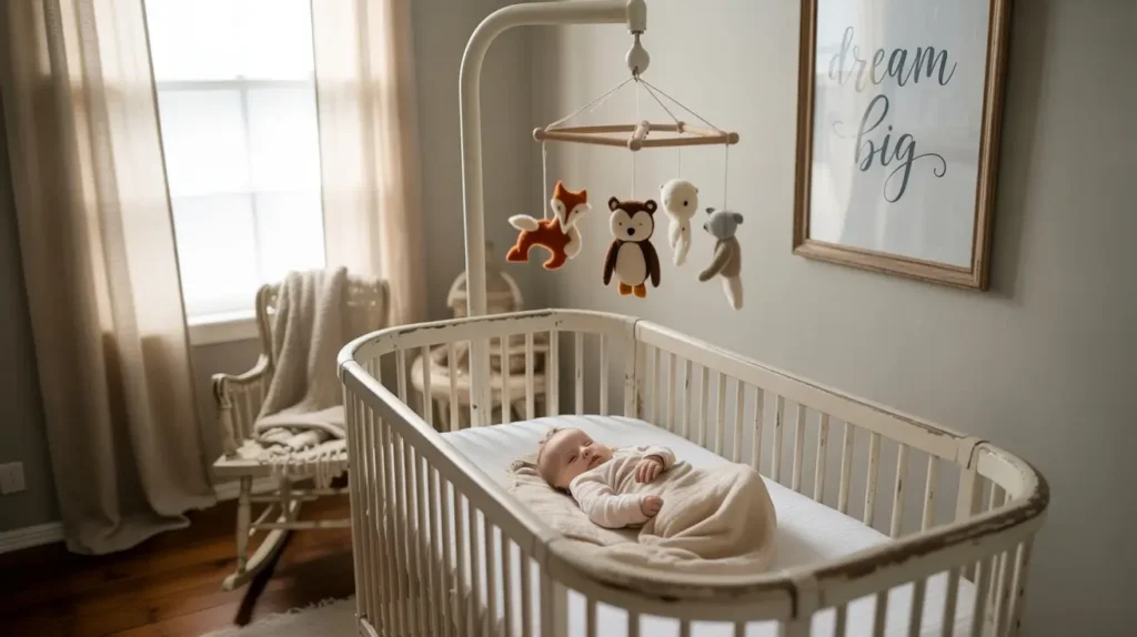 Un exemple de chambre de bébé optimisé, un lit simple, un matelas dur, une bonne température, un environnement calme.