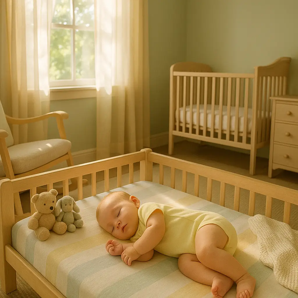 Bébé dormant confortablement en été avec une gigoteuse légère à faible TOG pour ne pas avoir chaud.