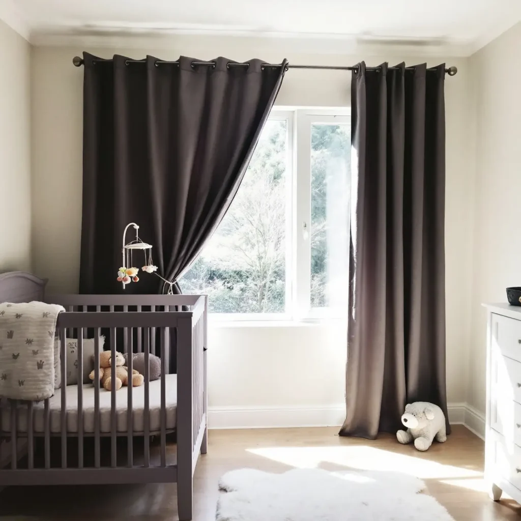 Chambre de bébé avec rideaux occultants pour bloquer la lumière du printemps.