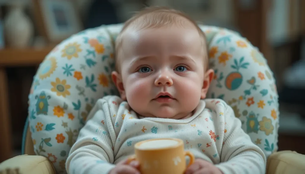 Bébé de 4 mois en train de s'endormir dans sa chaise haute. Yeux rouges, regard dans le vide.