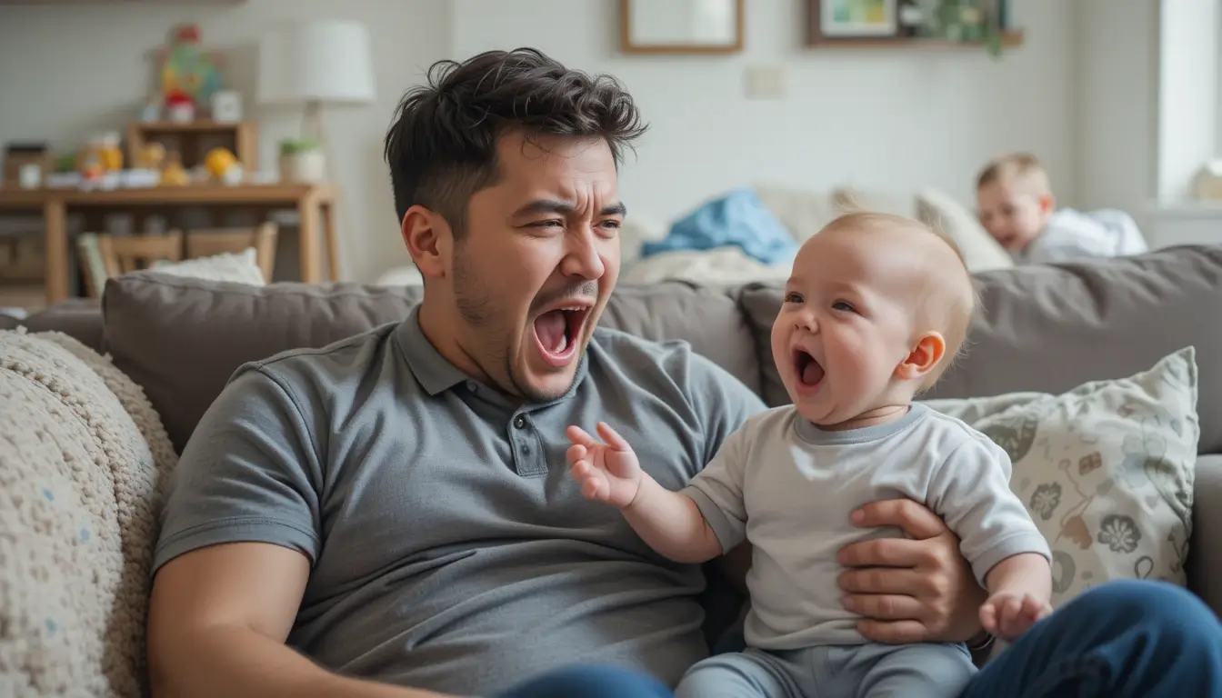 Parent fatigué en train de bailler, nuits de bébé difficile, en manque de sommeil.