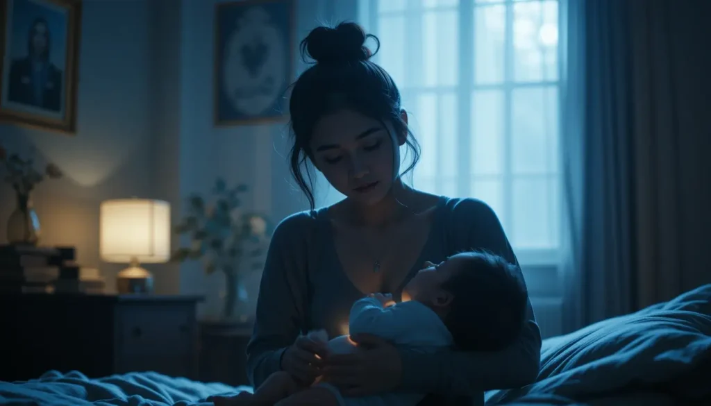 Une mère allaitant son bébé de 2 mois la nuit, transmettant un sentiment de calme et de connexion.