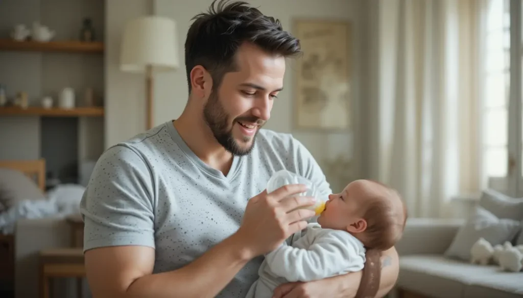 Un papa en train d'allaiter son bébé.