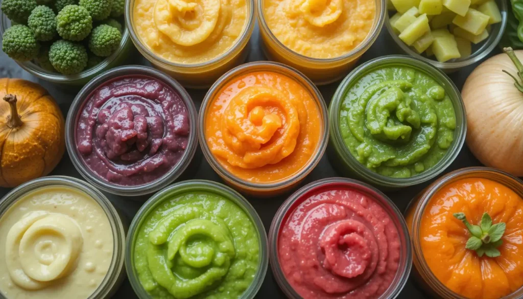 Divers premiers aliments pour bébés (purée de légumes, fruits)