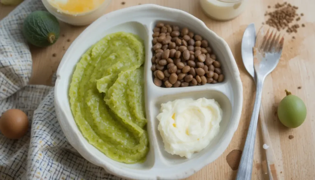 Un repas équilibré pour un bébé de 6-12 mois, purée de légumes, lentilles, yaourt.