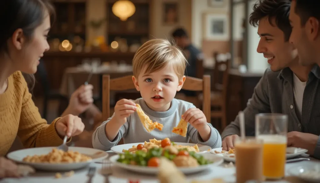 Un enfant de deux ans mangeant un repas sain avec sa famille.