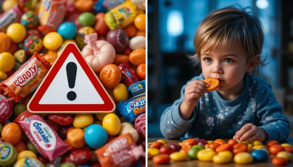 Une image de grignotage sucrés avec un panneau d'avertissement, et une image séparée d'un enfant tendant la main vers une collation la nuit.