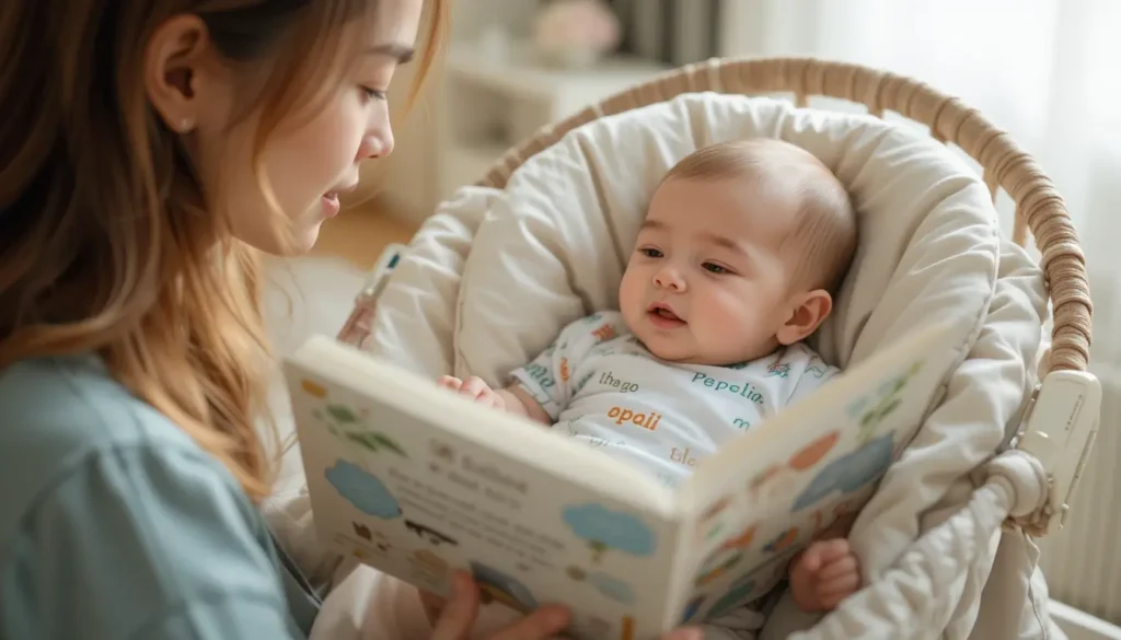 Routine du coucher en automne, avec un parent qui lit une histoire à son bébé pour le préparer au sommeil.