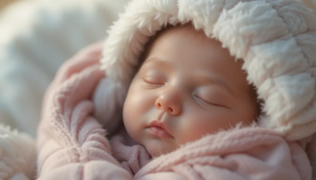 Bébé bien au chaud et en sécurité dans sa gigoteuse d'hiver pour affronter les nuits froides d'hiver.