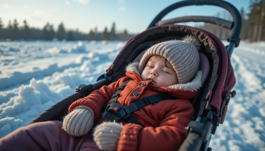 Exemple de sieste nordique : un bébé dort à l'air frais, bien emmitouflé dans sa poussette en hiver.