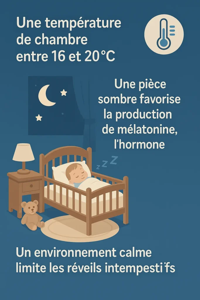 Infographie sur les bases du sommeil de bébé : l'impact de la lumière, de l'obscurité et de la température idéale de 16-20°C.
