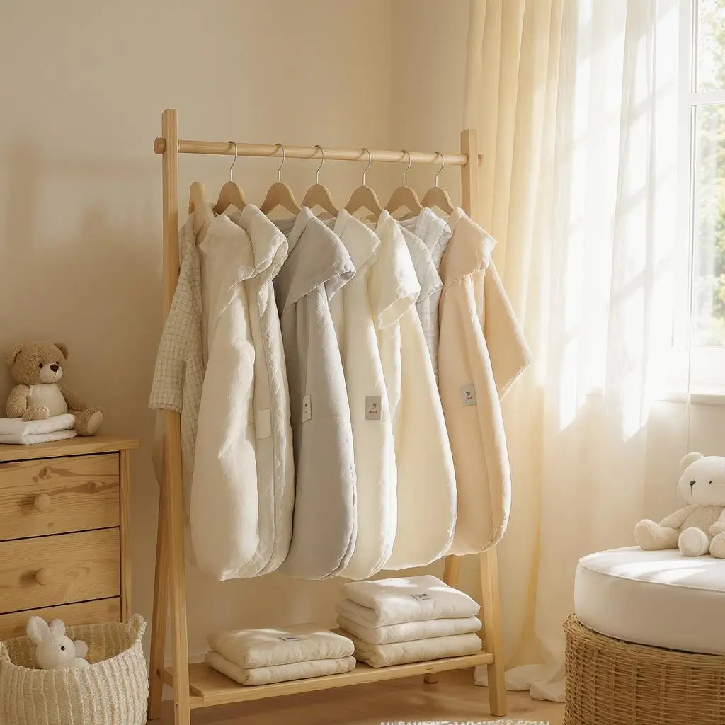 Assortiment de gigoteuses pour bébé de différents indices TOG et matières, illustrant l'adaptation aux saisons.