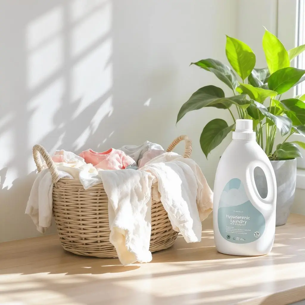 Linge de bébé propre et bien entretenu, avec une lessive douce adaptée, symbolisant une hygiène soignée.