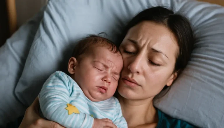 Parent fatigué tenant son bébé éveillé la nuit.