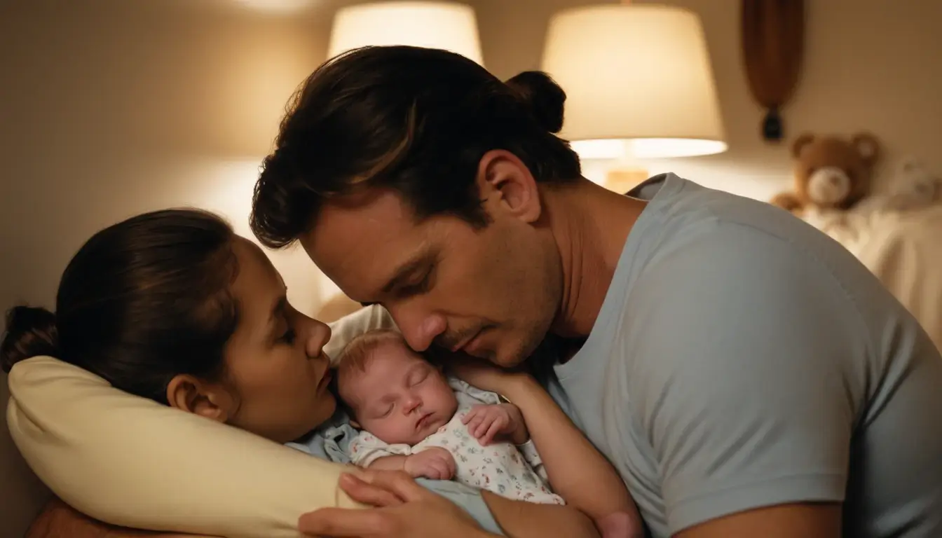 Bébé de 1 mois qui fait ses nuits, avec ses parents qui le regardent, rassurés.