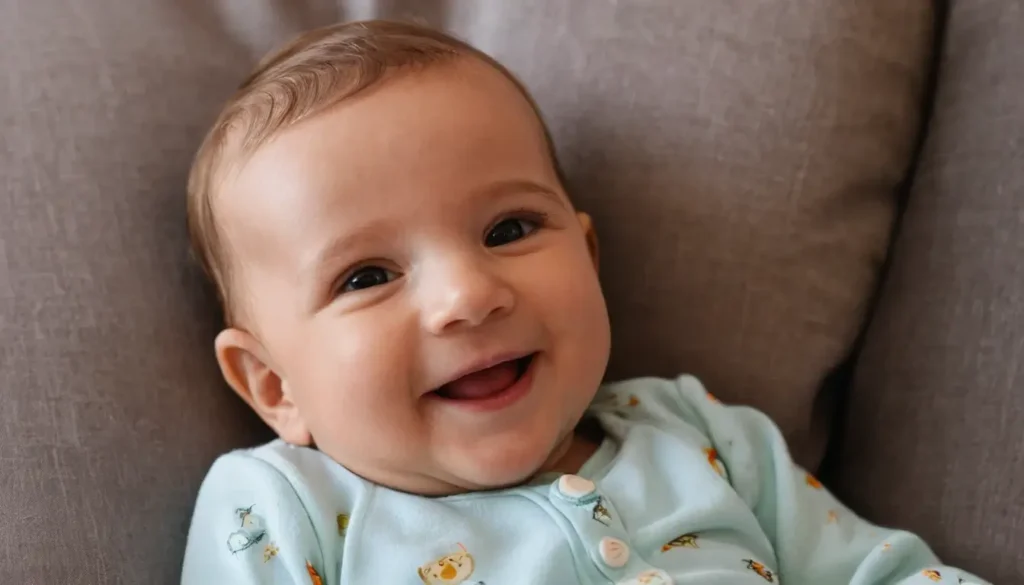 Un bébé qui a assez dormi, souriant et reposé.
