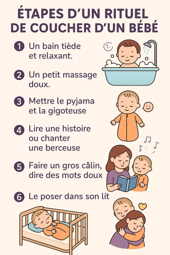 Infographie du rituel du coucher idéal pour bébé.