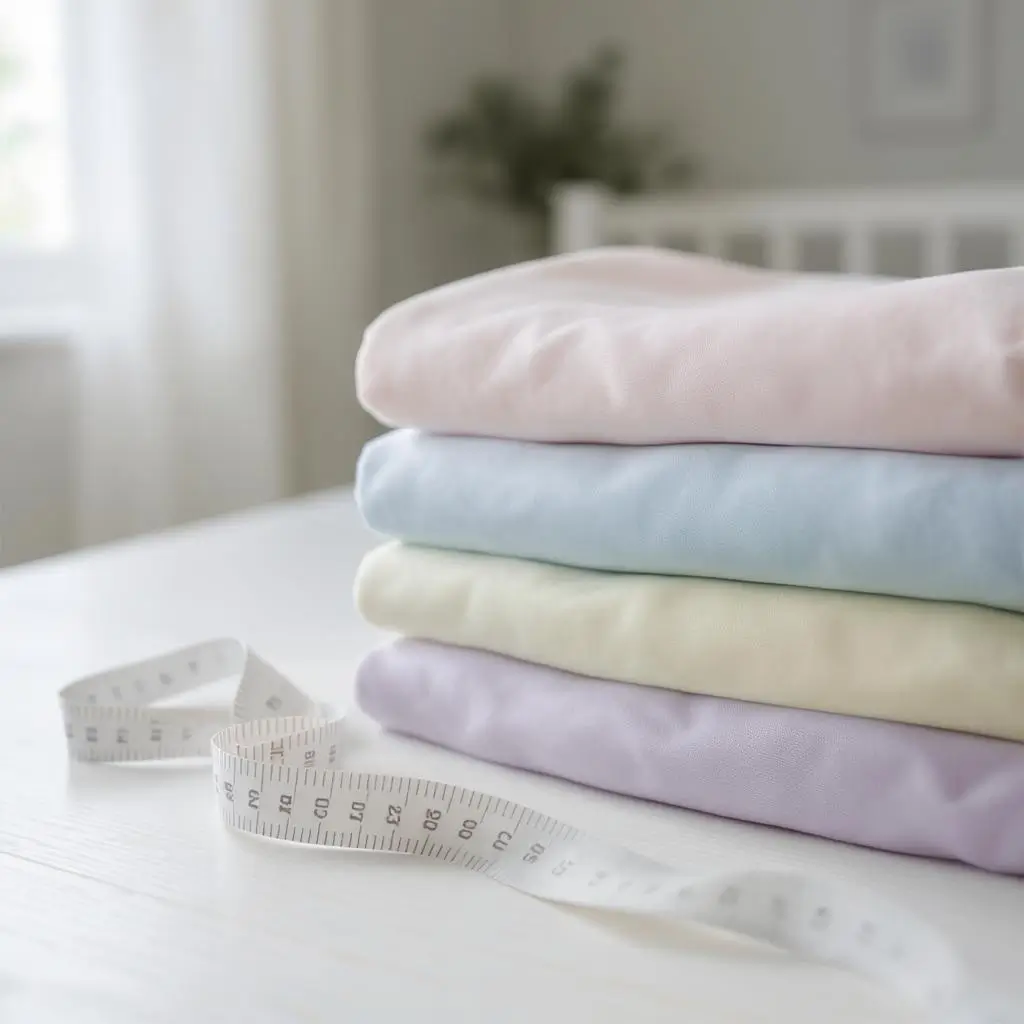Illustration du choix des tailles de linge de lit pour bébé avec un mètre ruban et des exemples de produits.
